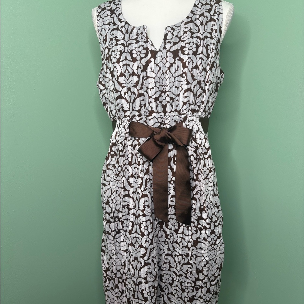 Robbie Bee Brown and White Patterned Midi Dress 12 zipper - Picture 1 of 10